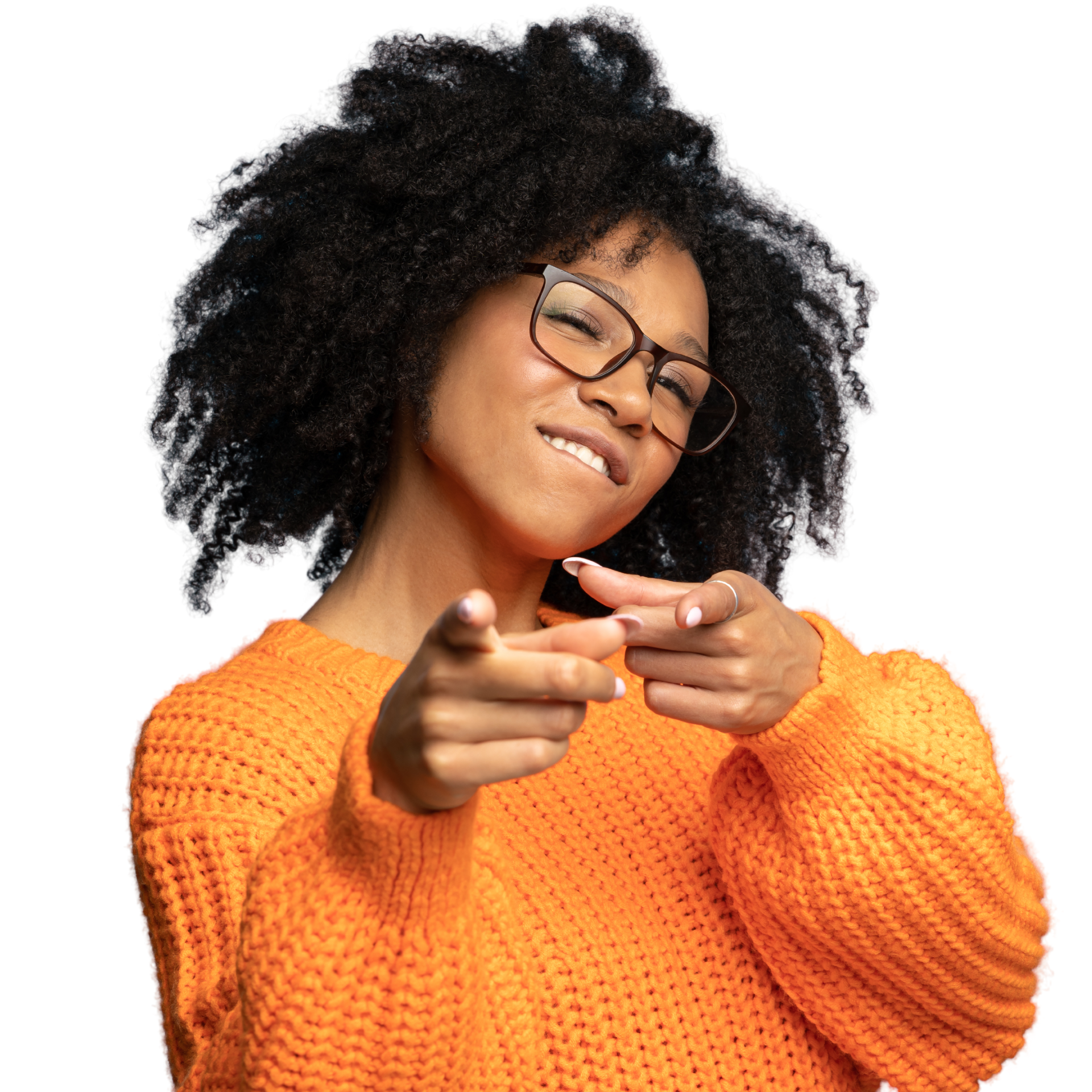 Woman pointing to camera
